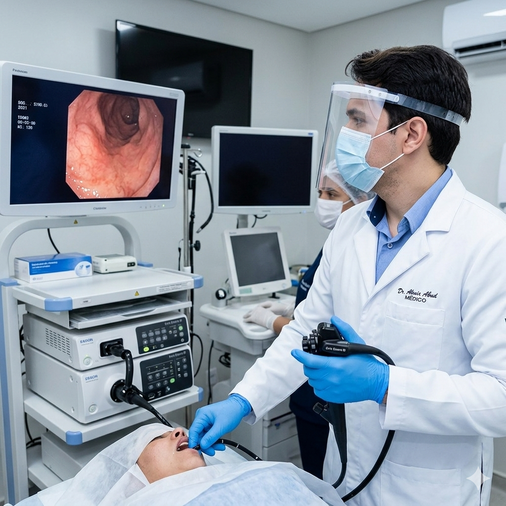 Médico endoscopista realizando exame com monitor exibindo imagem em tempo real